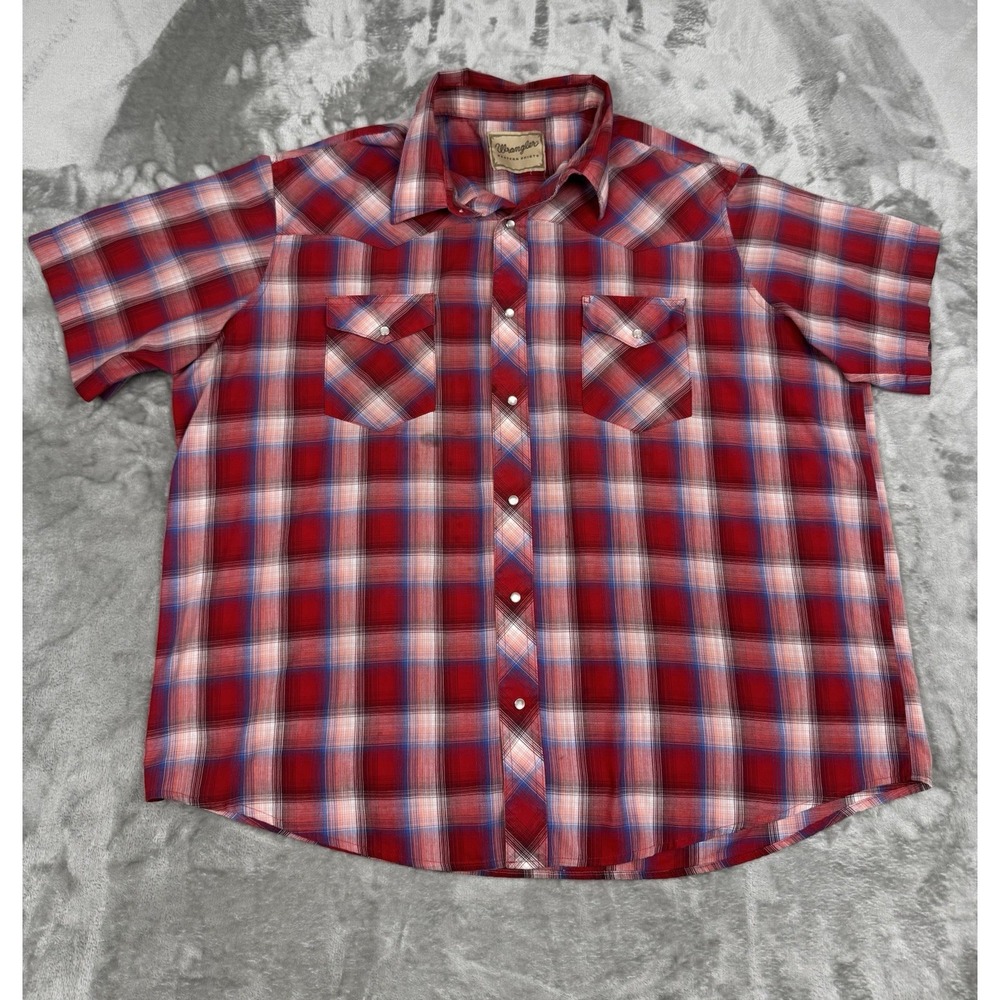 Vintage Wrangler Pearl Snap Shirt Mens 2XL Plaid Check Red White Cowboy Rodeo